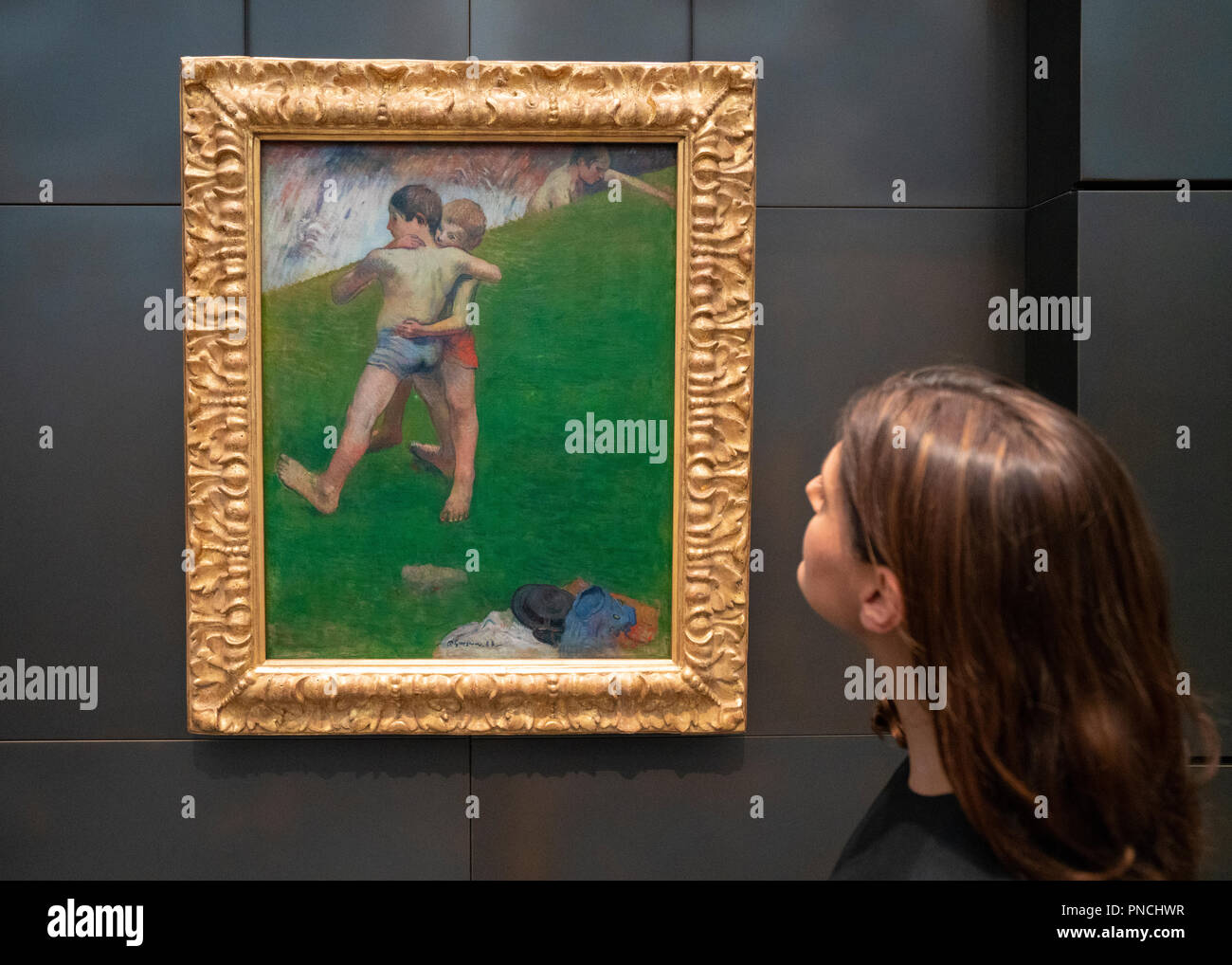 Pittura bambini Wrestling con Paul Gauguin a Louvre Abu Dhabi, Emirati arabi uniti Foto Stock