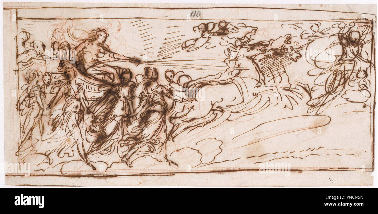 Apollo sul carro del sole. Penna e inchiostro bruno su disegno preliminare in gesso rosso. Autore: Guido Reni. Foto Stock