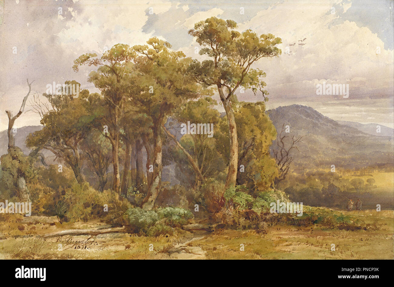 Yarra appartamenti. Data/Periodo: 1871. Disegno. Acquerello Acquerello. Altezza: 292 mm (11.49 in); larghezza: 447 mm (17,59 in). Autore: Luigi Buvelot. Foto Stock