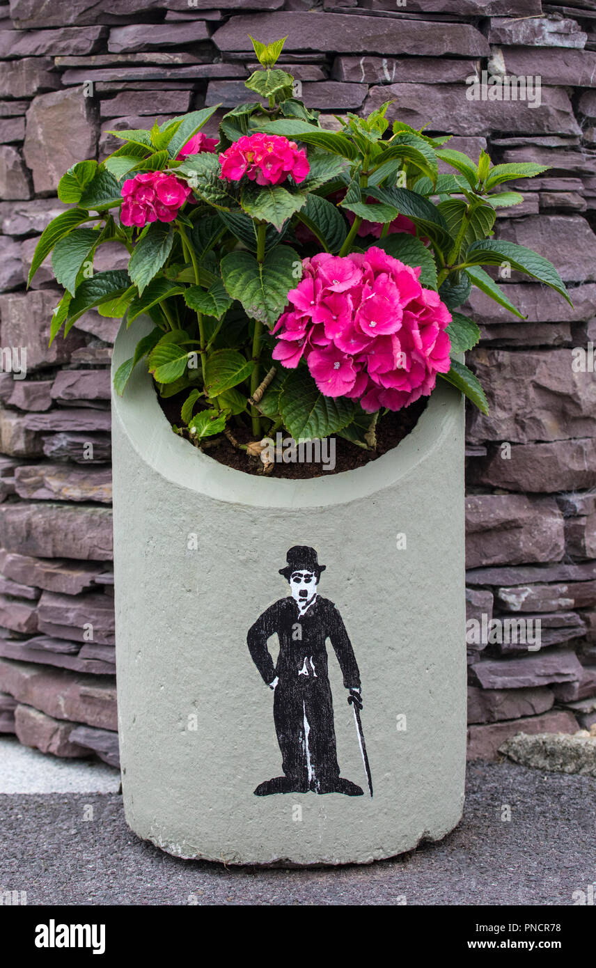 Waterville, Repubblica di Irlanda - 17 agosto 2018: una illustrazione del leggendario attore Charlie Chaplin su un vaso di fiori nel villaggio di Waterville in Foto Stock
