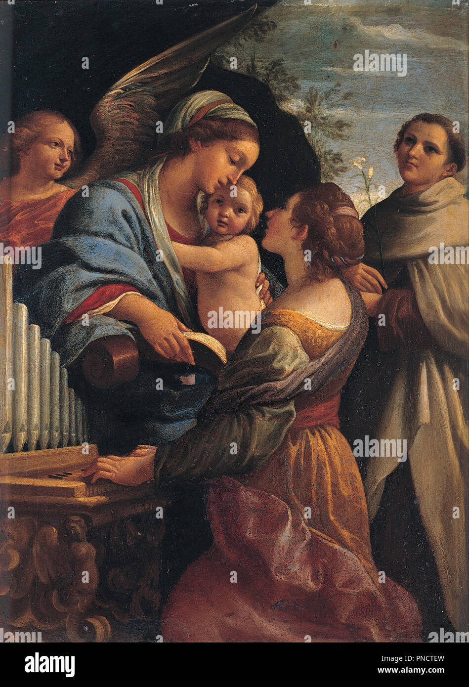 Madonna con il Bambino e i santi Cecilia e Alberto / Madonna con Bambino e San Cecily e Saint Albert. Data/Periodo: 1615. La pittura. Olio su rame. Altezza: 320 mm (12.59 in); larghezza: 240 mm (9,44 in). Autore: Lorenzo Garbieri. Foto Stock