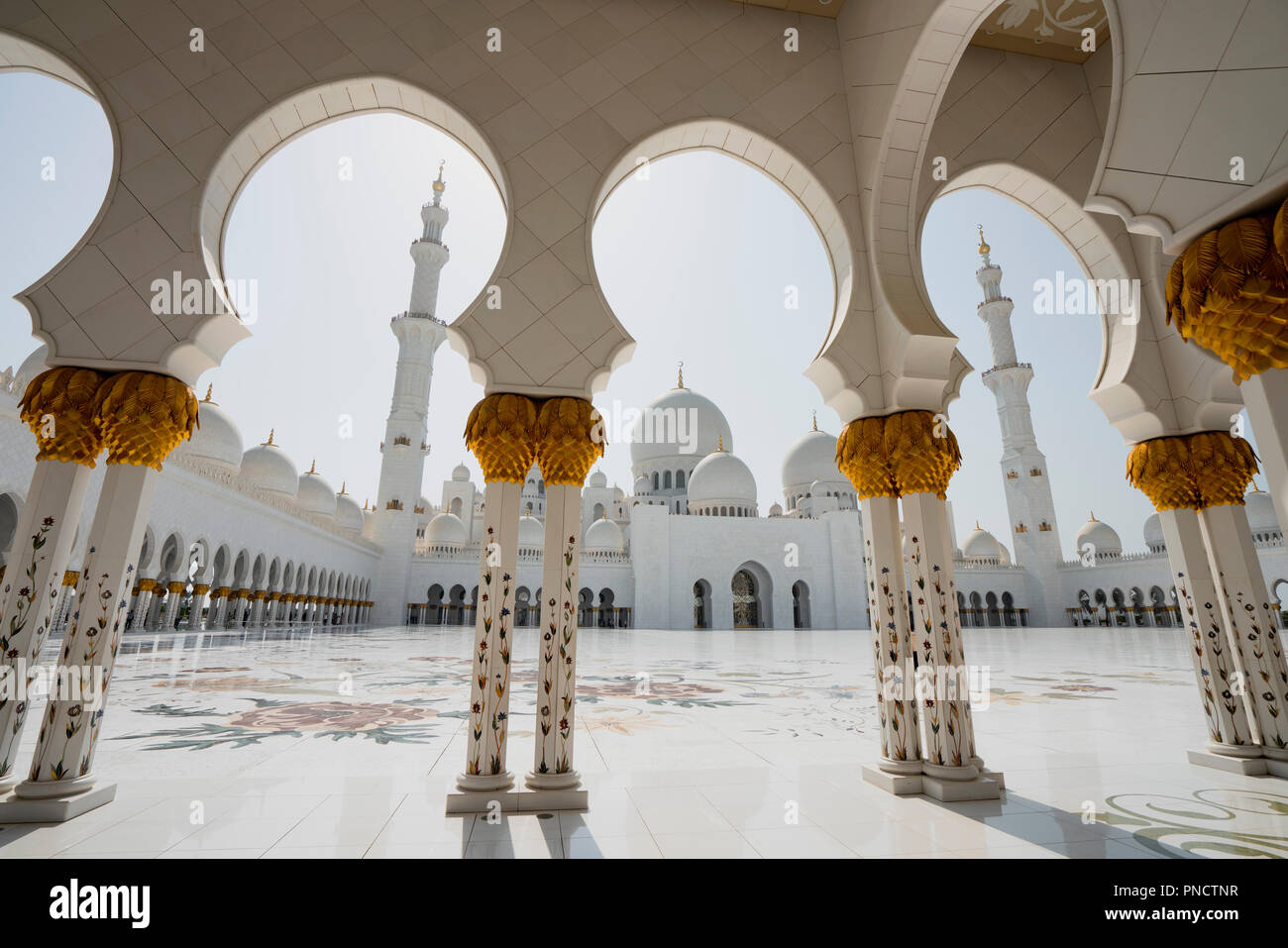 Esterno della Sheikh Zayed Grande Moschea di Abu Dhabi, Emirati Arabi Uniti, Emirati arabi uniti Foto Stock