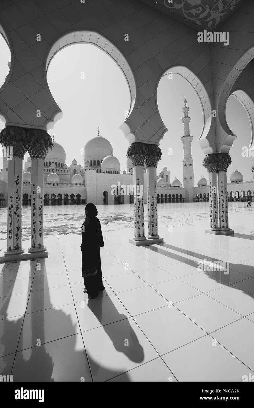Esterno della Sheikh Zayed Grande Moschea di Abu Dhabi, Emirati Arabi Uniti, Emirati arabi uniti Foto Stock