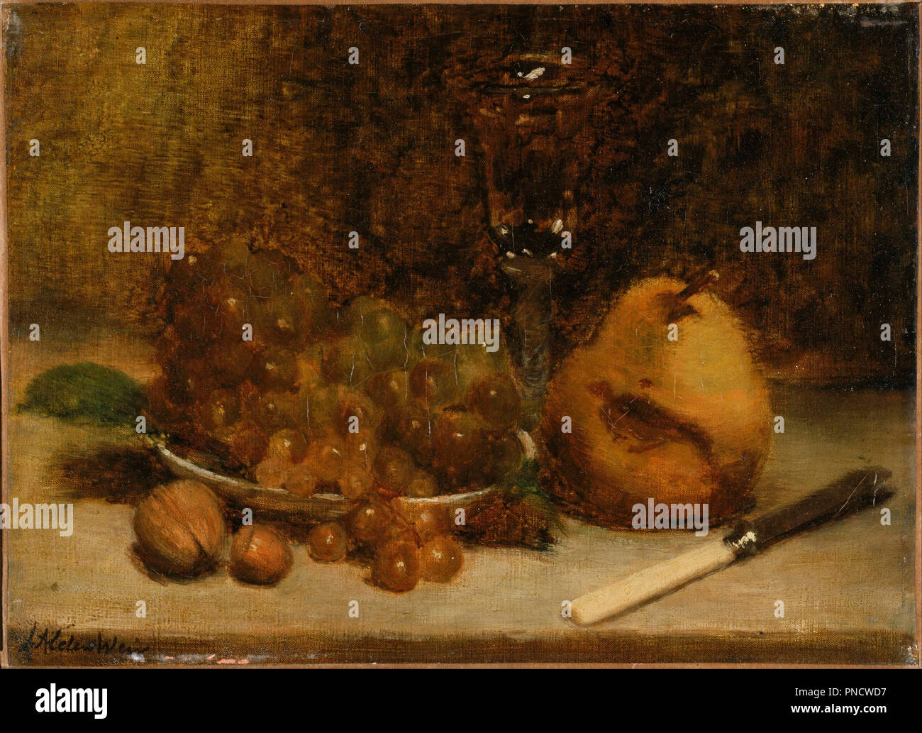 Le uve, coltello e vetro. Data/Periodo: dopo il 1880. La pittura. Olio su tela. Altezza: 9 mm (0,35 in); larghezza: 13 mm (0,51 in). Autore: J. Alden Weir. Foto Stock