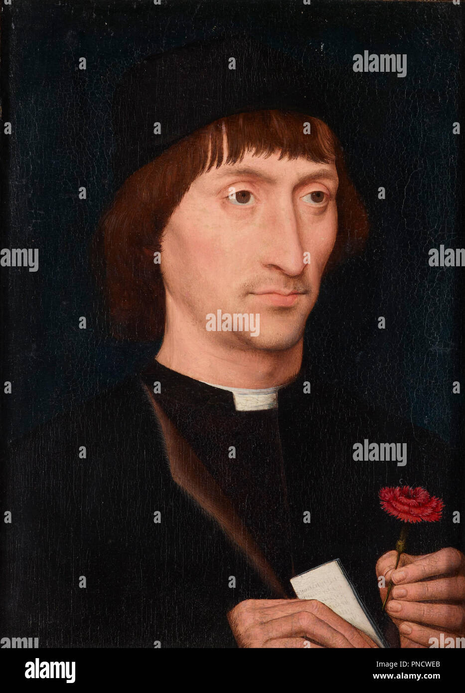 Ritratto di un uomo con una rosa. Data/Periodo: 1475. La pittura. Tempera su pannello. Larghezza: 273 mm. Altezza: 381 mm. Autore: Hans Memling. Foto Stock