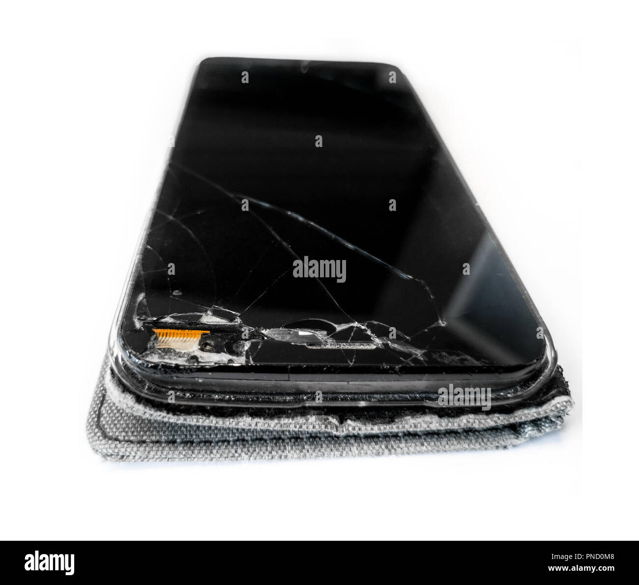 Smartphone vetro rotto fratturato isolato prima di un servizio di riparazione Foto Stock