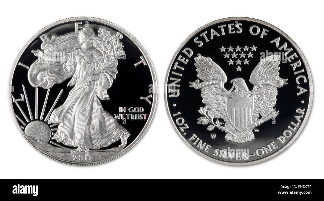 2011 eagle silver dollar prova coin che mostra entrambi i lati. Foto Stock