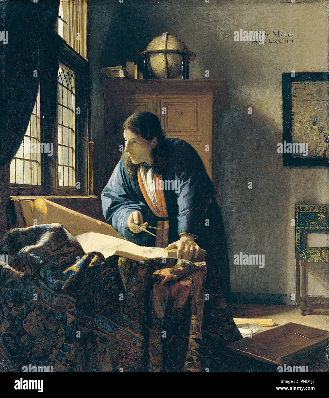 Il geografo. Data/Periodo: 1669. La pittura. Olio. Larghezza: 45,4 cm. Altezza: 51,6 cm (completa). Autore: Johannes Vermeer. JAN VERMEER. VERMEER, Johannes. Vermeer, Jan (Johannes). Foto Stock