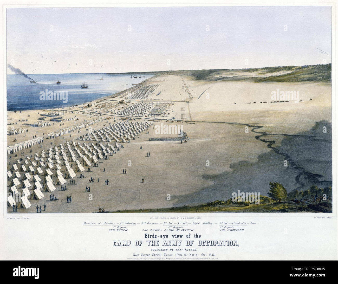 Vista panoramica del campo dell'esercito di occupazione, comandato da Genl. Taylor. Vicino a Corpus Christi, Texas, [da nord] Ott. 1845. Data/Periodo: 1847. Litografia. Larghezza: 60,7 cm. Altezza: 48 cm (foglio). Autore: Charles Parsons. Foto Stock