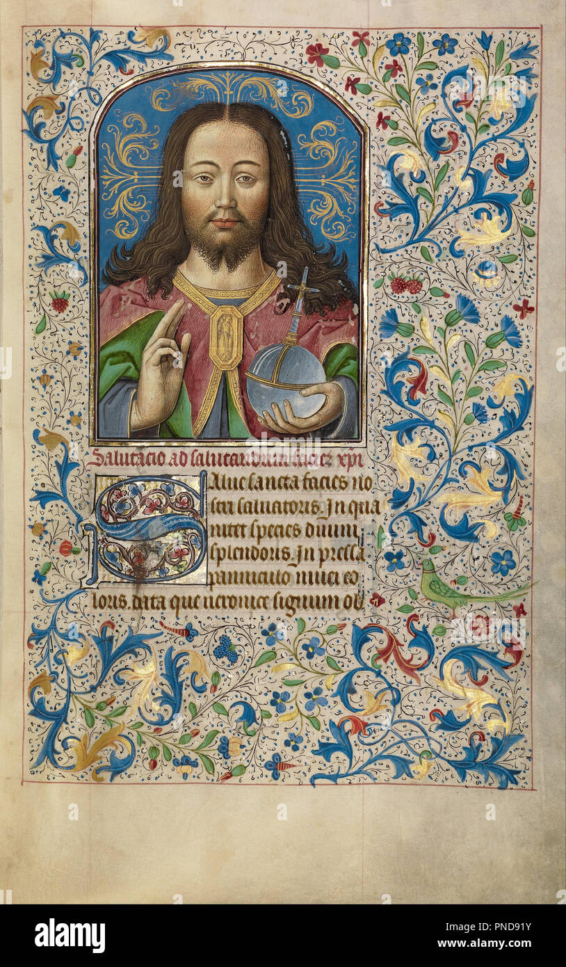 Il salvatore del mondo. Data/Periodo: primi 1460s. Folio. Tempere, foglia oro e inchiostro su pergamena. Altezza: 256 mm (10.07 in); larghezza: 173 mm (6.81 in). Autore: Workshop di Willem Vrelant. Foto Stock