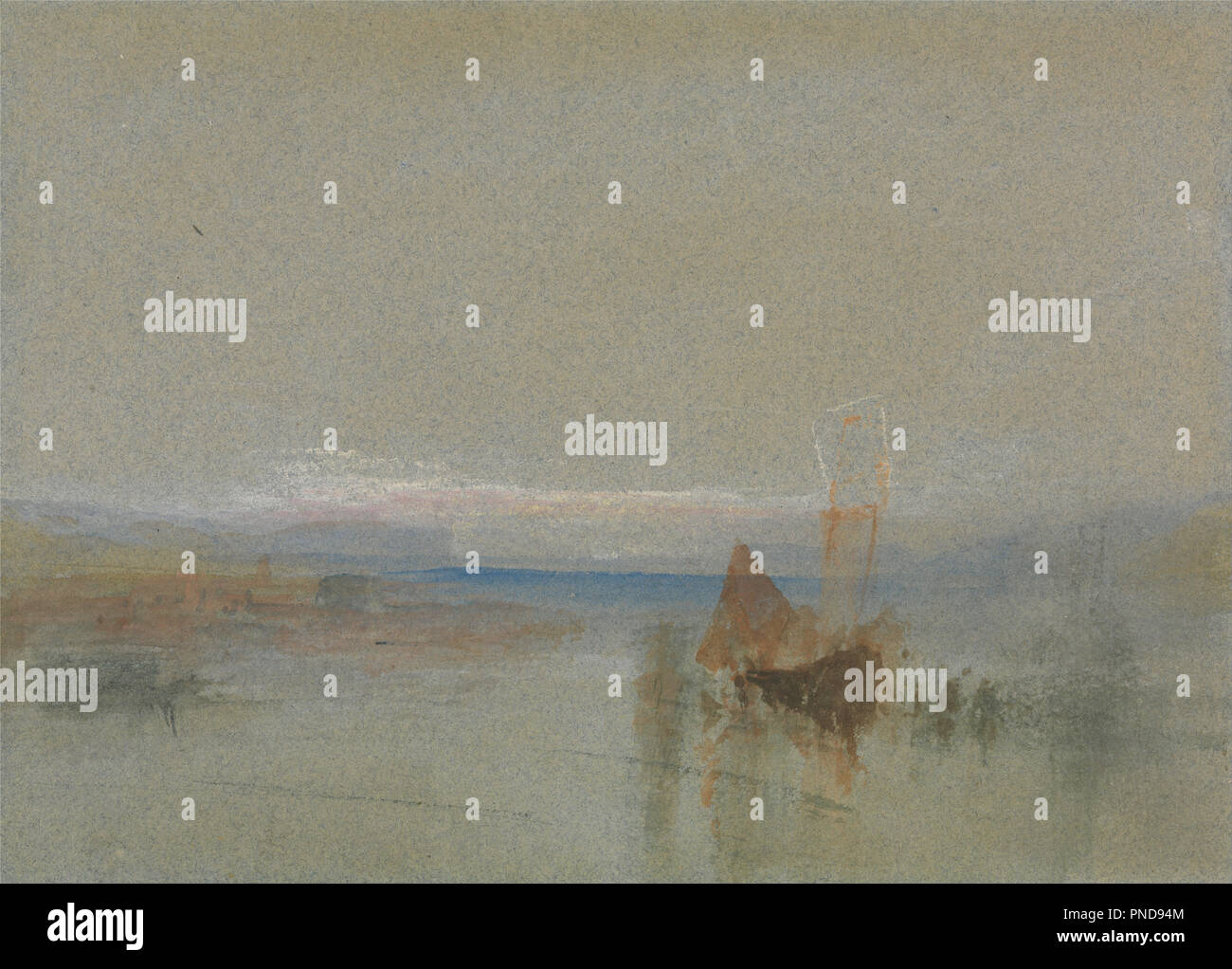 Barche da pesca Becalmed off le Havre. La pittura. Acquerello. Altezza: 140 mm (5.51 in); larghezza: 197 mm (7,75 in). Autore: J. M. W. Turner. Foto Stock