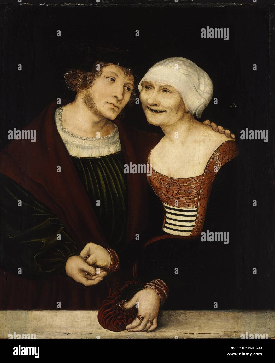 Ill-Matched giovane: giovane uomo e donna vecchia. Data/Periodo: Tra il 1520 e il 1522. Olio e tempera su legno di faggio. Altezza: 37,5 cm (14,7 in); larghezza: 31 cm (12.2 in.). Autore: Cranach il Vecchio, Lucas. Foto Stock