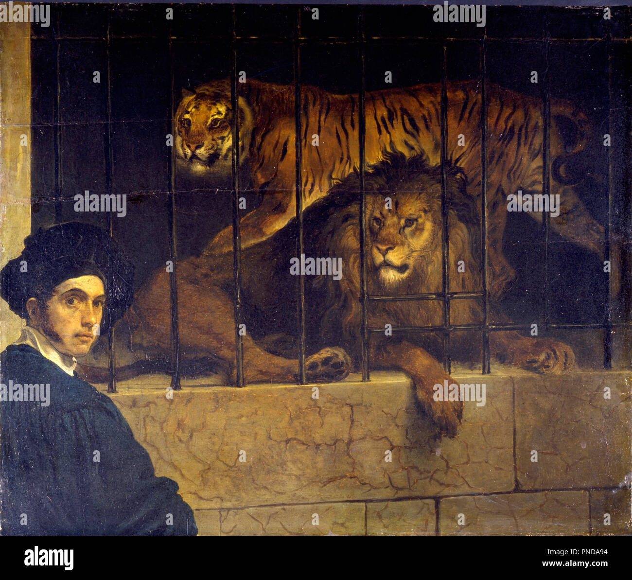 Autoritratto con Tiger e Lion. Data/Periodo: ca. 1830 - 1830. Pannello. Altezza: 43 mm (1.69 in); larghezza: 51 mm (2 in). Autore: Francesco Hayez. Foto Stock