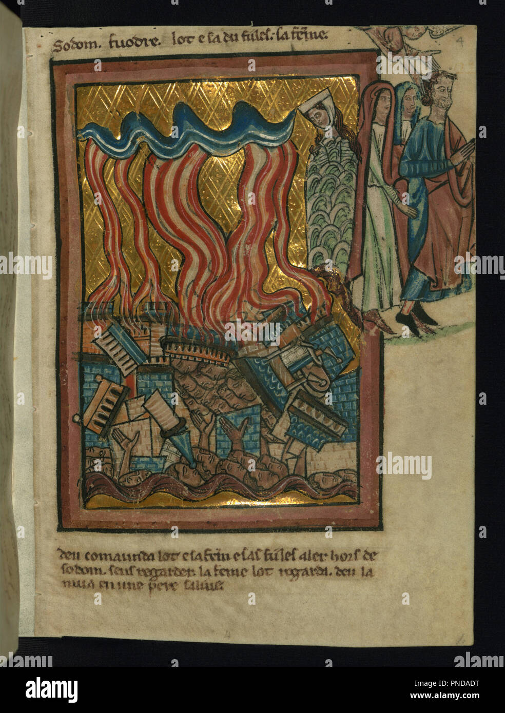 Lot e la sua famiglia fuggire Sodoma (Genesi 19:15-26). Data/Periodo: ca. 1250 (medievale). Manoscritti miniati; folio (foglie). E inchiostro di pigmento sulla Pergamena e inchiostro di pigmento su pergamena. Altezza: 13,20 mm (0,51 in); larghezza: 9,50 mm (0,37 in). Autore: William DE BRAILES. Foto Stock