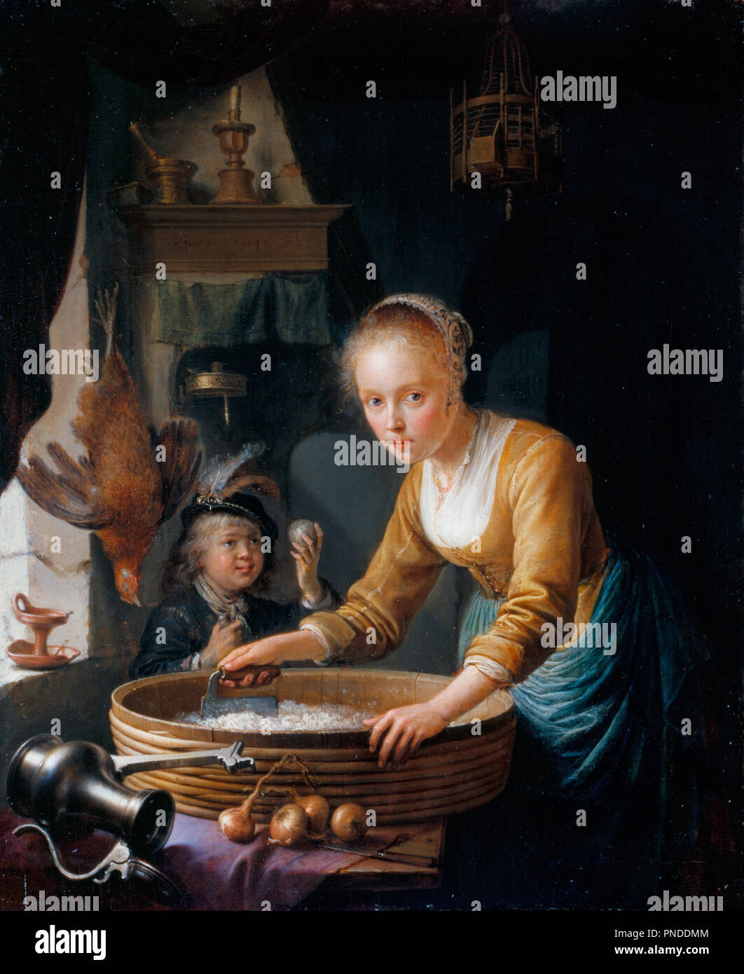 Ragazza tritare le cipolle. Data/Periodo: 1646. La pittura. Olio su pannello. Altezza: 20,8 cm (8,1 in); Larghezza: 16,9 cm (6,6 in). Autore: Dou, Gerrit. Foto Stock
