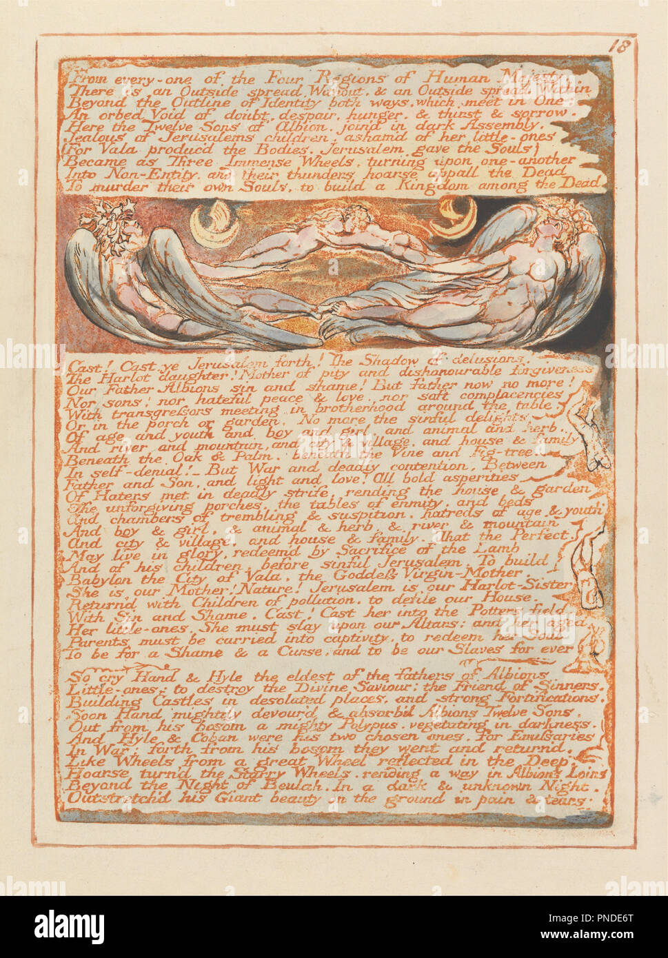 Gerusalemme, la piastra 18, "da ogni-una delle quattro regioni....". Data/Periodo: da 1804 a 1820. Stampa. Stampa di colore arancione, penna, inchiostro nero e acquerello su carta color panna (attacco di sfiato stampato in arancione con penna e inchiostro nero e acquerello su moderatamente denso, liscia, crema carta intessuta). Altezza: 225 mm (8,85 in); larghezza: 162 mm (6.37 in). Author: William Blake. Foto Stock