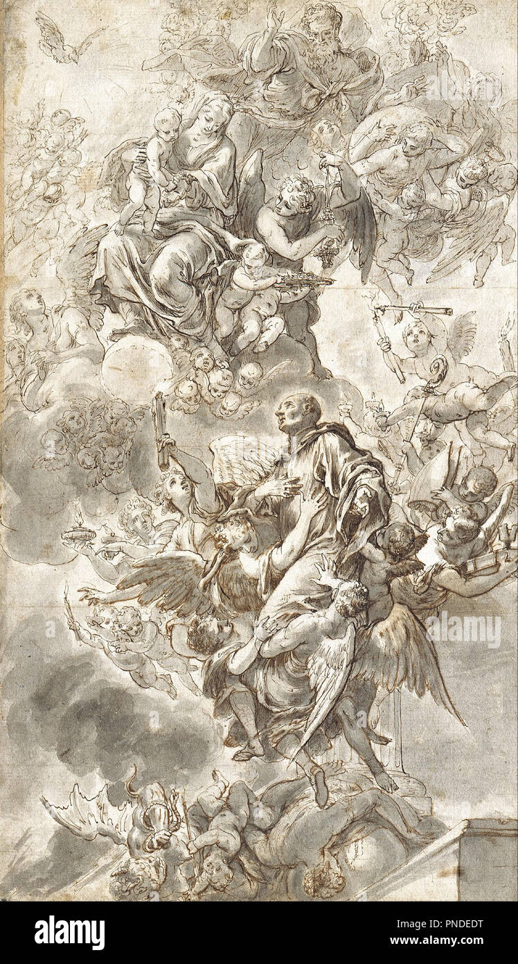 L'Apoteosi di San Benedetto. Data/Periodo: 1685. Penna e inchiostro bruno, grigio lavaggio, oltre la grafite. Feder in Braun, graulaviert, über Graphitstift. Altezza: 500 mm (19.68 in); larghezza: 290 mm (11,41 in). Autore: Johann Andreas Wolff. Foto Stock