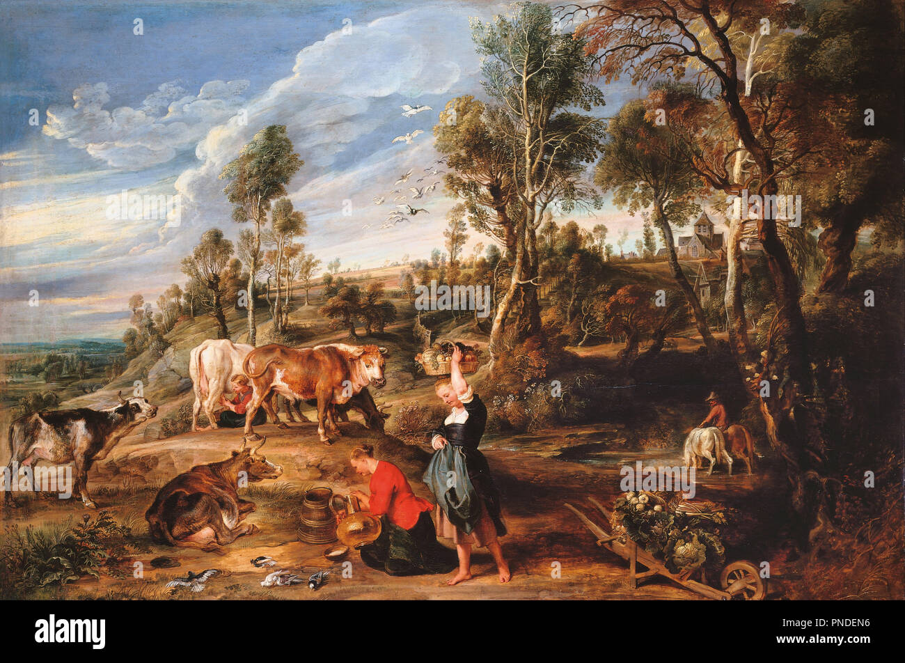 Milkmaids con il bestiame in un paesaggio, "l'azienda agricola a Laken'. Data/Periodo: 1617 - 1618. La pittura. Olio su pannello. Altezza: 85,9 cm (33,8 in); larghezza: 127.9 cm (50,3 in). Autore: Peter Paul Rubens. Foto Stock