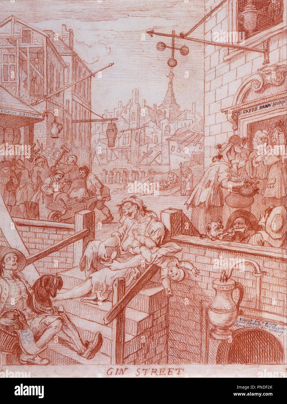 Il Gin Street. Data/Periodo: 1750. Gesso rosso, alcuni grafite; incise con uno stilo. Larghezza: 306 mm. Altezza: 394 mm. Autore: William Hogarth. Foto Stock