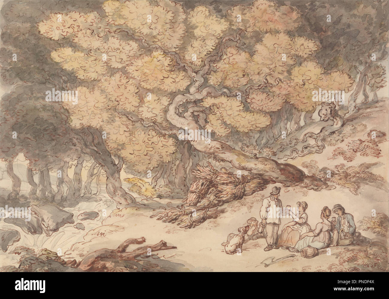 Un taglialegna il Picnic. Disegno. Penna e inchiostro vermillion e acquerello su grafite su media, leggermente strutturata, crema, carta intessuta sul monte contemporanea. Altezza: 275 mm (10,82 in); larghezza: 383 mm (15.07 in). Autore: Thomas Rowlandson. Foto Stock