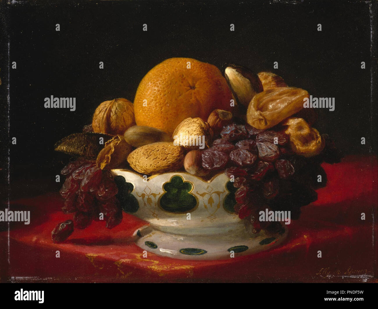 Arance, i dadi e le figg. Data/Periodo: 1860/1869. La pittura. Olio su pannello. Larghezza: 32,7 cm. Altezza: 24,3 cm (senza telaio). Autore: Lilly Martin Spencer. Foto Stock