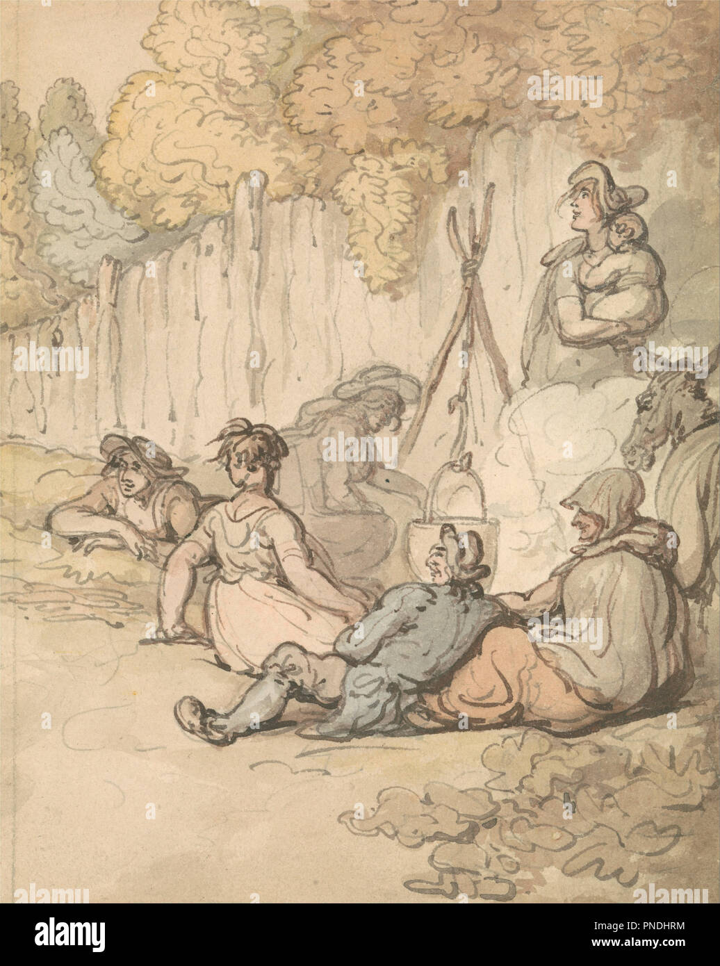 Gli zingari la cottura su un fuoco aperto. La pittura. Acquerello. Altezza: 154 mm (6,06 in); larghezza: 122 mm (4,80 in). Autore: Thomas Rowlandson. Foto Stock