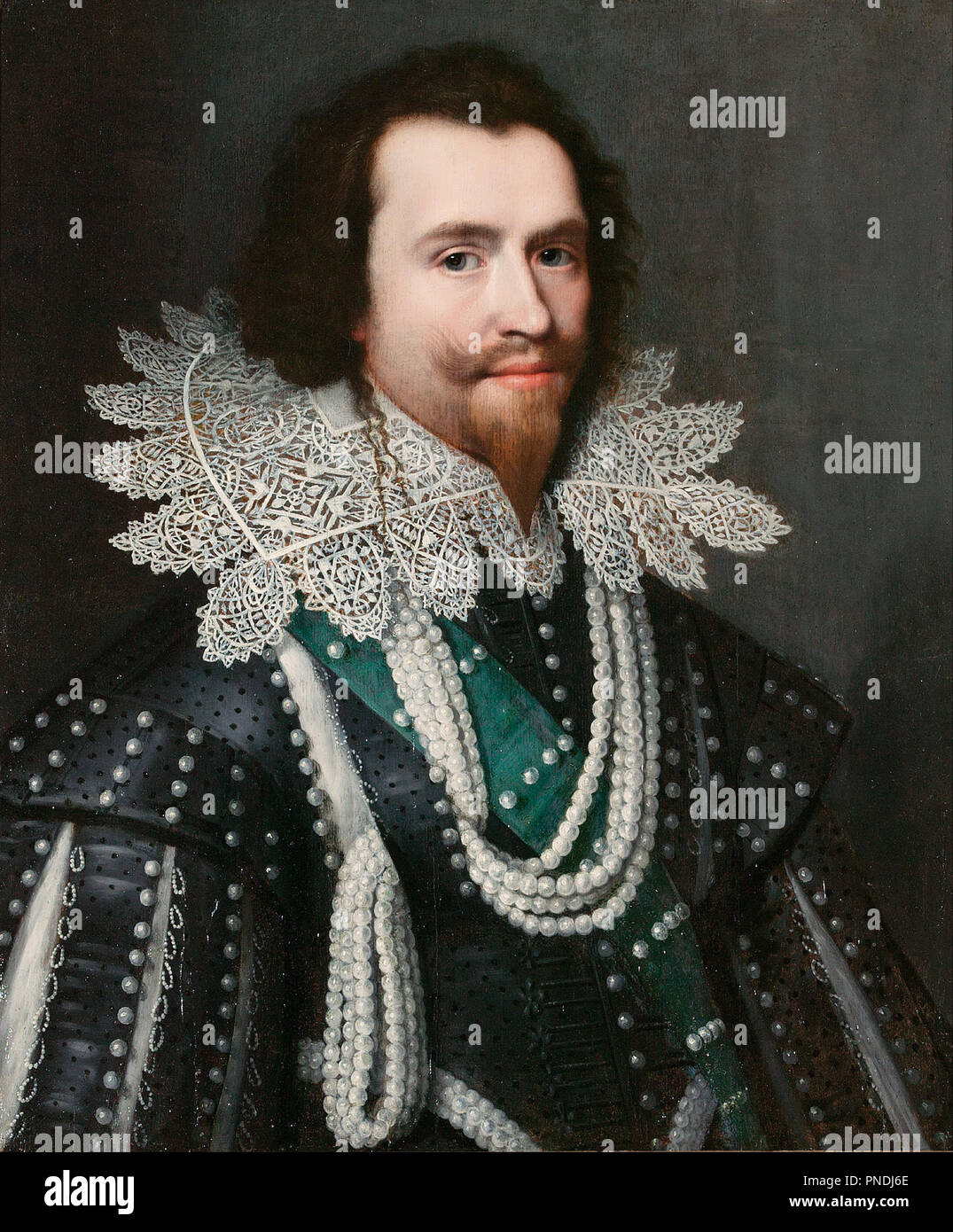 George Villiers duca di Buckingham. Data/Periodo: dal 1625 fino a 26. La pittura. Olio su pannello di legno Altezza: 69,50 mm (2.73 in); larghezza: 57.50 mm (2,26 in). Autore: Michiel van Mierevelt. MIEREVELT, MICHIEL JANSZ. VAN. Foto Stock