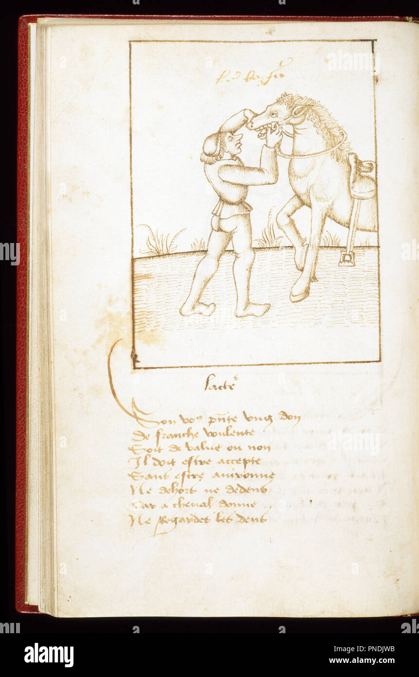 Foglia dal Proverbes en rimes. Data/Periodo: ca. 1490 (Rinascimento). Manoscritti miniati; folio (foglie). Inchiostro su carta inchiostro su carta. Altezza: 20 mm (0,78 in); larghezza: 13 mm (0,51 in). Autore: francese. Foto Stock