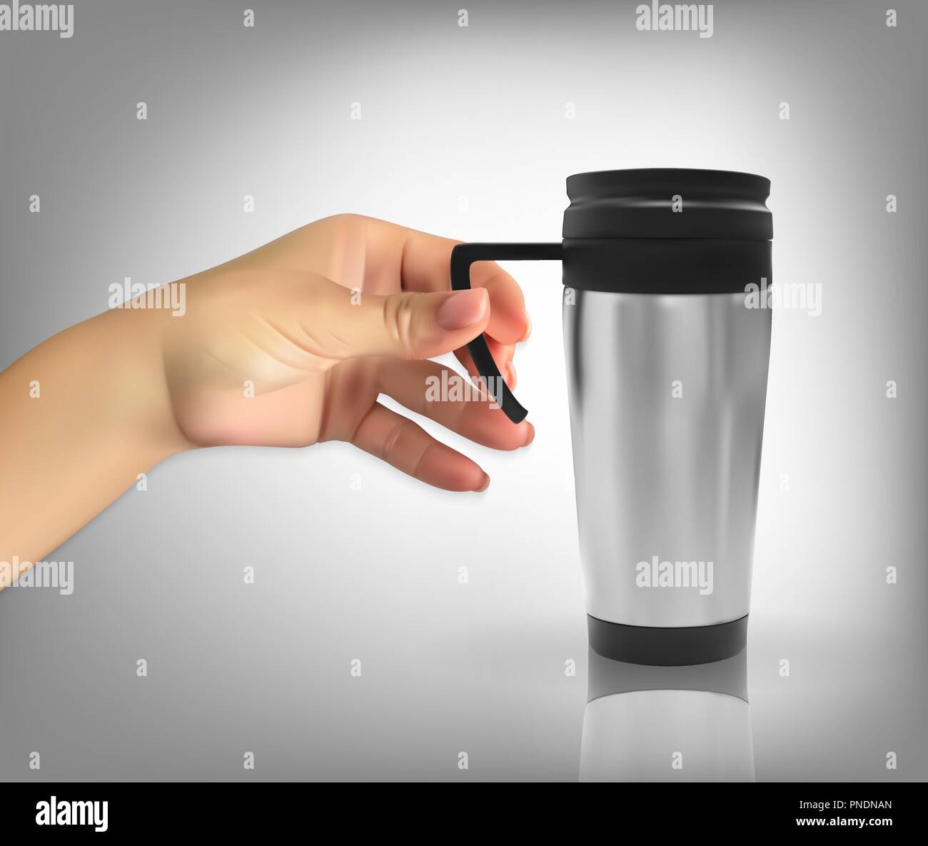 Uomo di mano naturalistico detiene il modello tridimensionale realistico dei thermos cup. Illustrazione Vettoriale Illustrazione Vettoriale