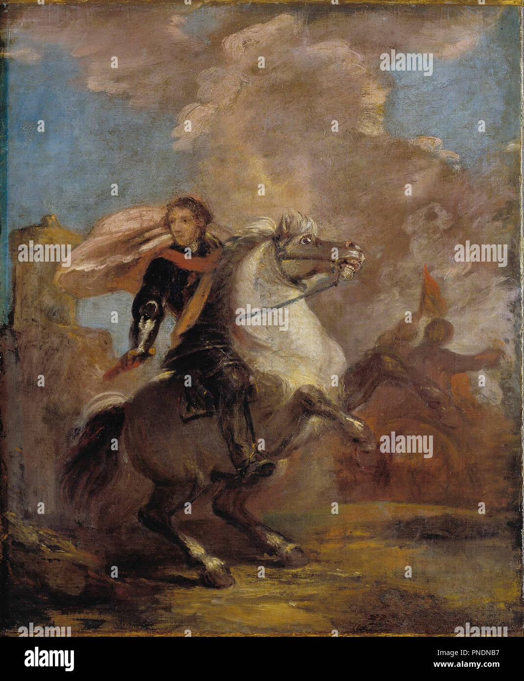 Un ufficiale a cavallo. Data/Periodo: 1760s. La pittura. Olio su tela olio. Altezza: 772 mm (30.45 in); larghezza: 641 mm (25.23 in). Autore: Joshua Reynolds. Foto Stock