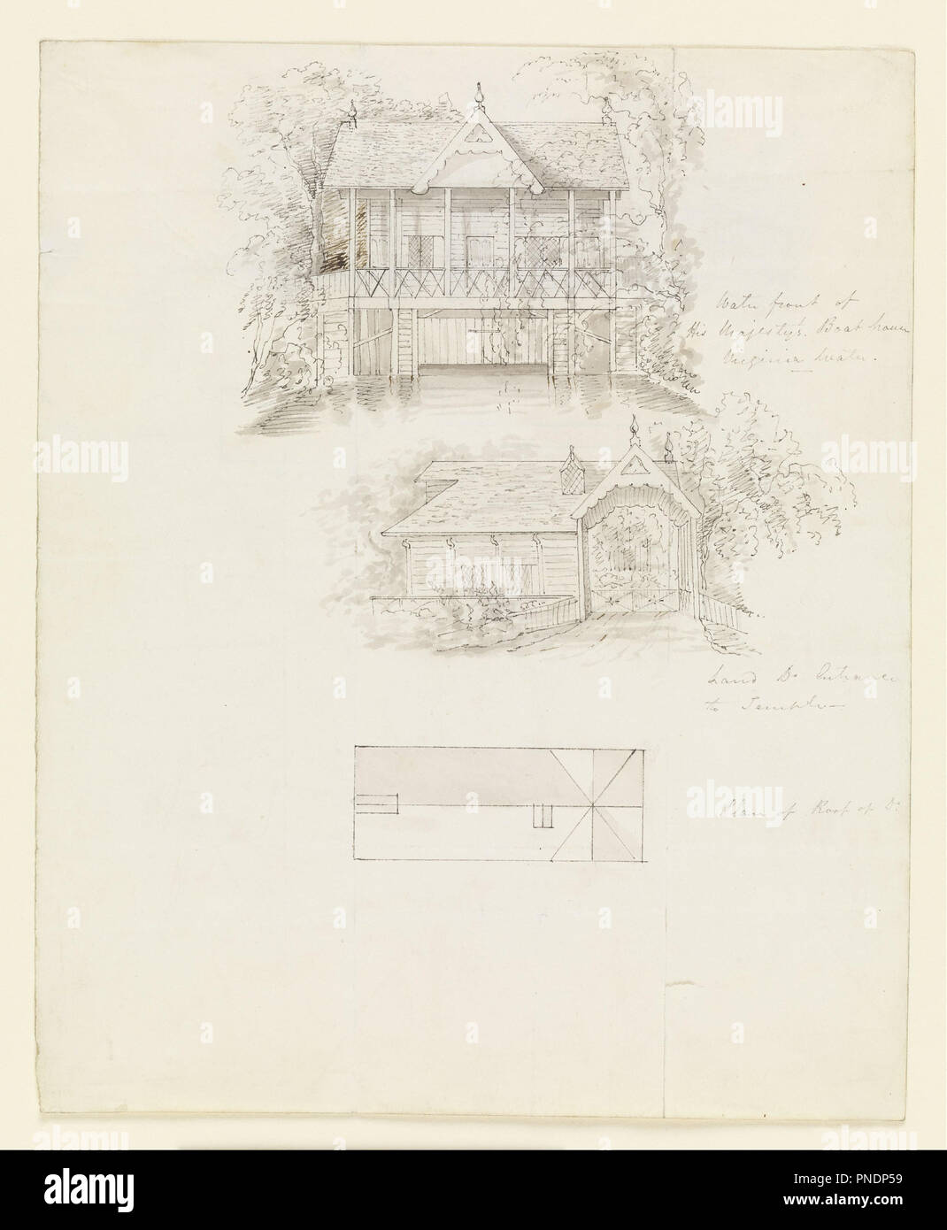 Boat House, Virginia Water; Tergo: Scullery, Virginia Water. Data/Periodo: 1825. Disegno. Penna e nero e marrone inchiostro, spazzola e grey wash on off-white carta intessuta. Altezza: 229 mm (9.01 in); larghezza: 186 mm (7.32 in). Autore: Sir Jeffry Wyatville. Foto Stock