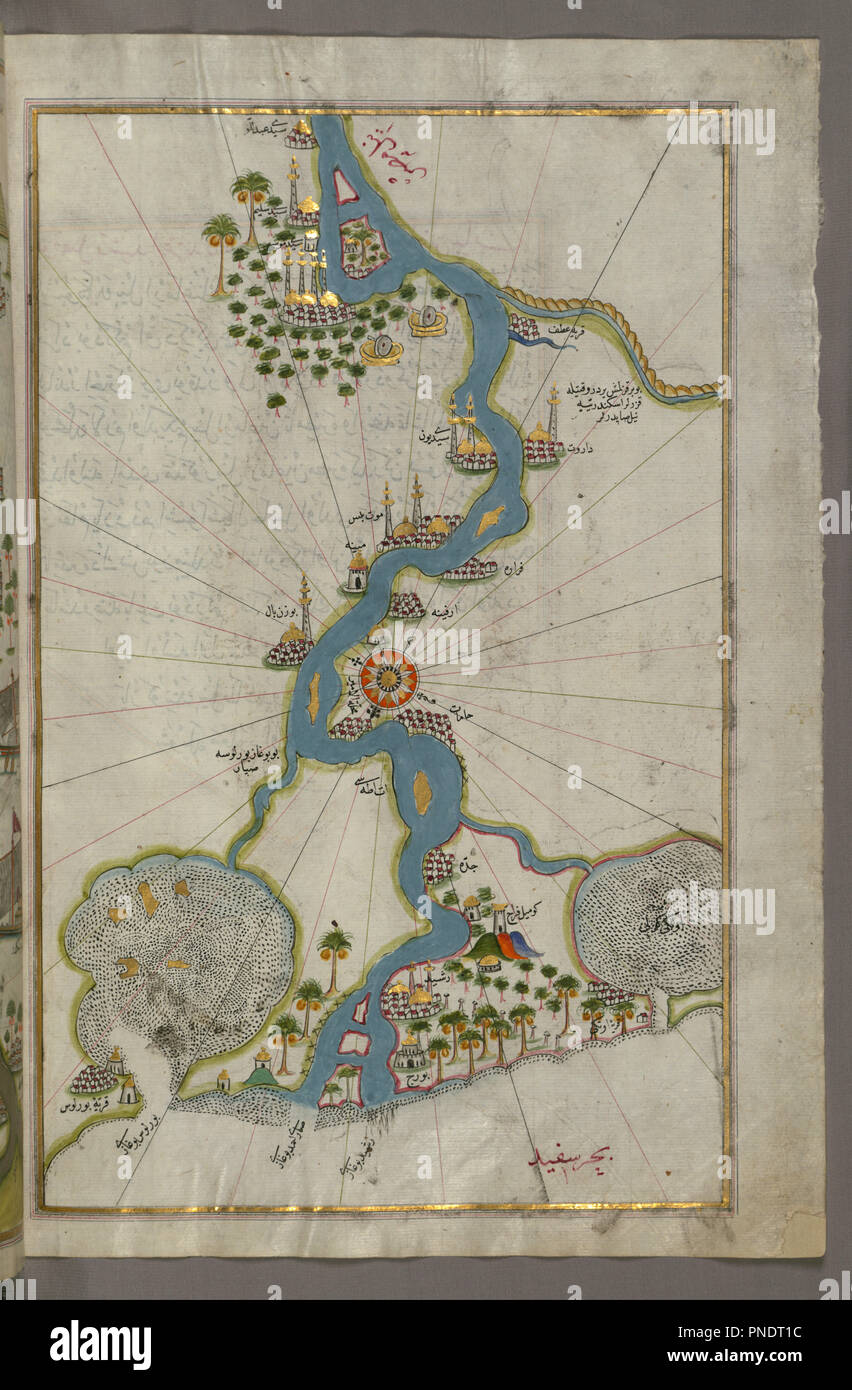 Mappa del Fiume Nilo dal suo estuario del sud. Data/Periodo: Ottomano. Manoscritti miniati; folio (foglie); mappe. Inchiostri e pigmenti su cui la carta europea di inchiostri e pigmenti su cui la carta europea. Altezza: 35,80 mm (1.40 in); Larghezza: 65,50 mm (2.57 in). Autore: Piri Reis. Foto Stock