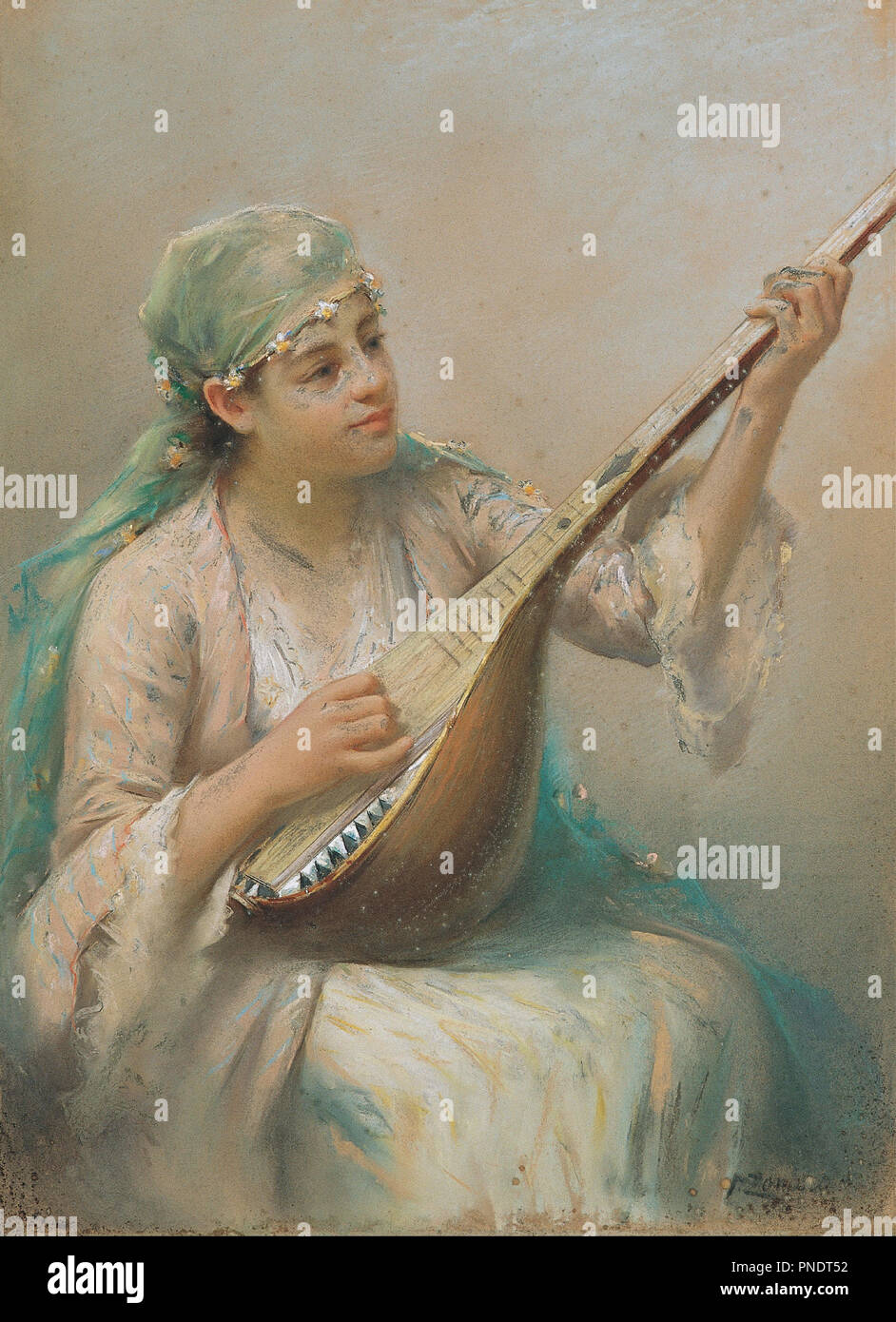 La donna la riproduzione di uno strumento a corda. Data/Periodo: nei primi anni del XX secolo. Pastello su carta. Altezza: 950 mm (37.40 in); larghezza: 680 mm (26.77 in). Autore: Fausto Zonaro. Foto Stock