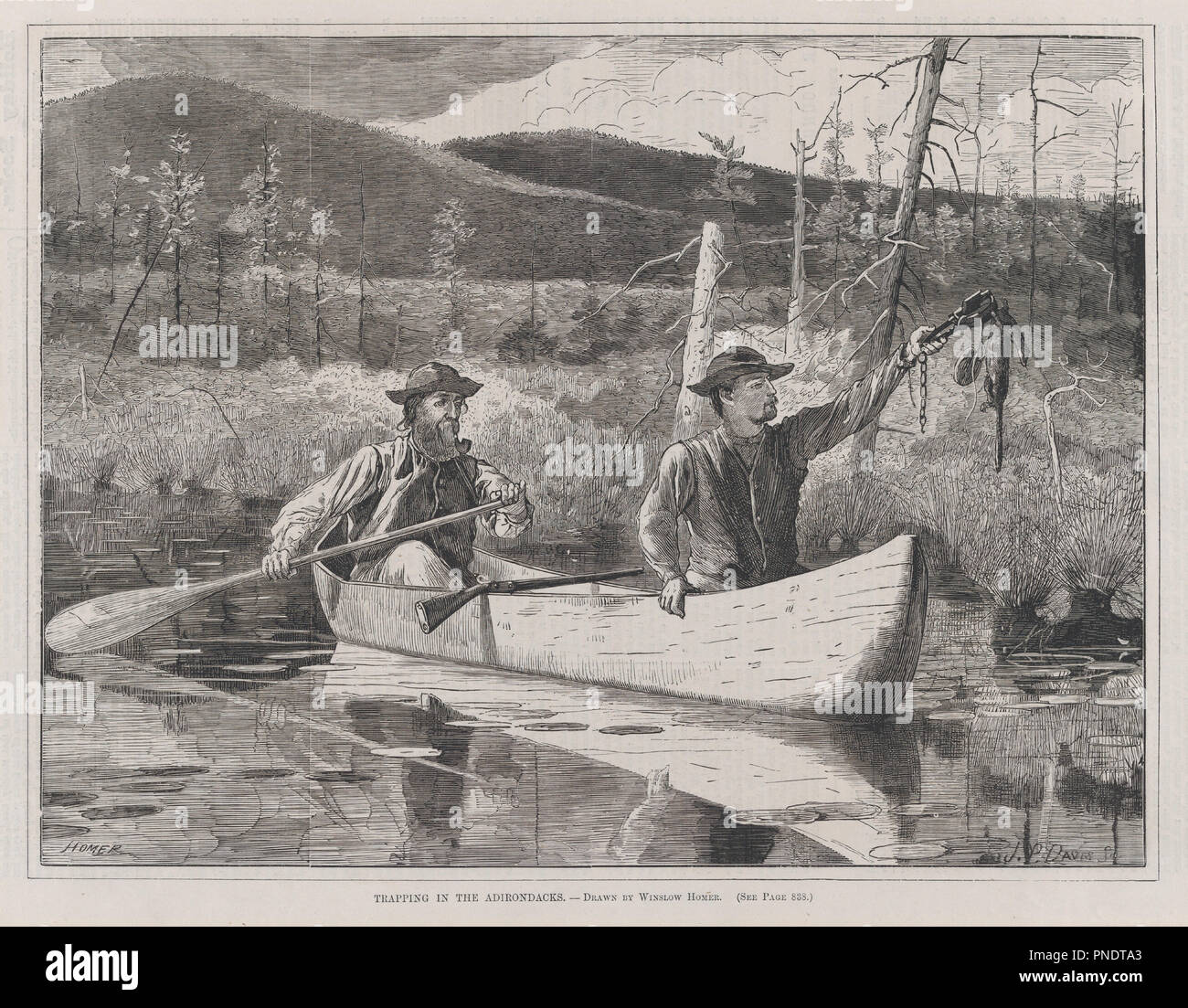 Cattura nella Adirondacks - Disegnato da Winslow Homer (ogni sabato, Vol. Ho, nuova serie). Progettista: Winslow Homer (American, Boston, Massachusetts 1836-1910 Prouts collo, Maine). Dimensioni: Immagine: 8 7/8 x 11 5/8 in. (22,5 x 29,5 cm) Blocco: 9 1/8 x 12 1/16 in. (23,2 x 30,6 cm) foglio: 10 9/16 x 14 1/2 in. (26,9 x 36,8 cm). Incisore: John Parker Davis (American, attivo 1867-82). Data: 24 ottobre 1870. Museo: Metropolitan Museum of Art di New York, Stati Uniti d'America. Foto Stock