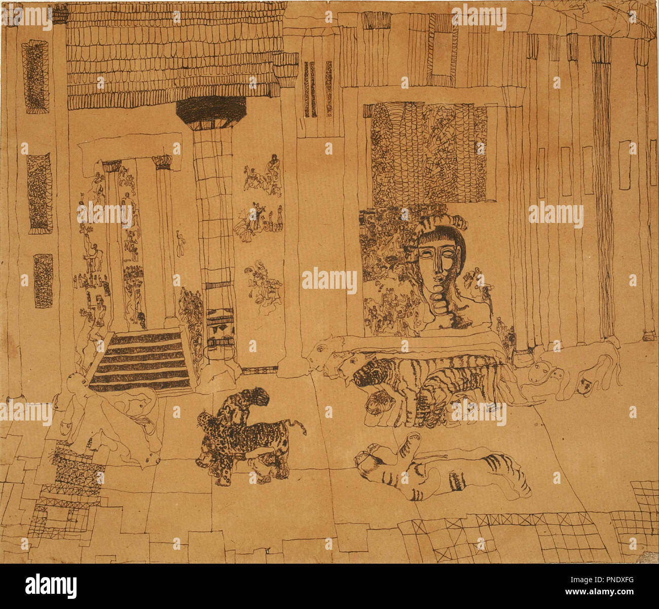 Untitled (palazzo con l'imperatore statua e le tigri). Data/Periodo: 1883 - 1911. Disegno. Inchiostro su carta inchiostro su carta. Altezza: 56.50 mm (2.22 in); larghezza: 66 mm (2,59 in). Autore: Carl Fredrik Hill. Foto Stock