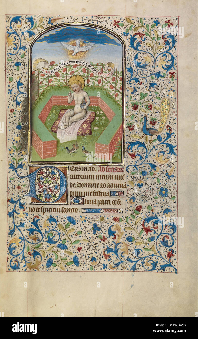 Gesù con un Orb in un giardino. Data/Periodo: primi 1460s. Folio. Tempere, foglia oro e inchiostro su pergamena. Altezza: 256 mm (10.07 in); larghezza: 173 mm (6.81 in). Autore: Willem Vrelant. Foto Stock