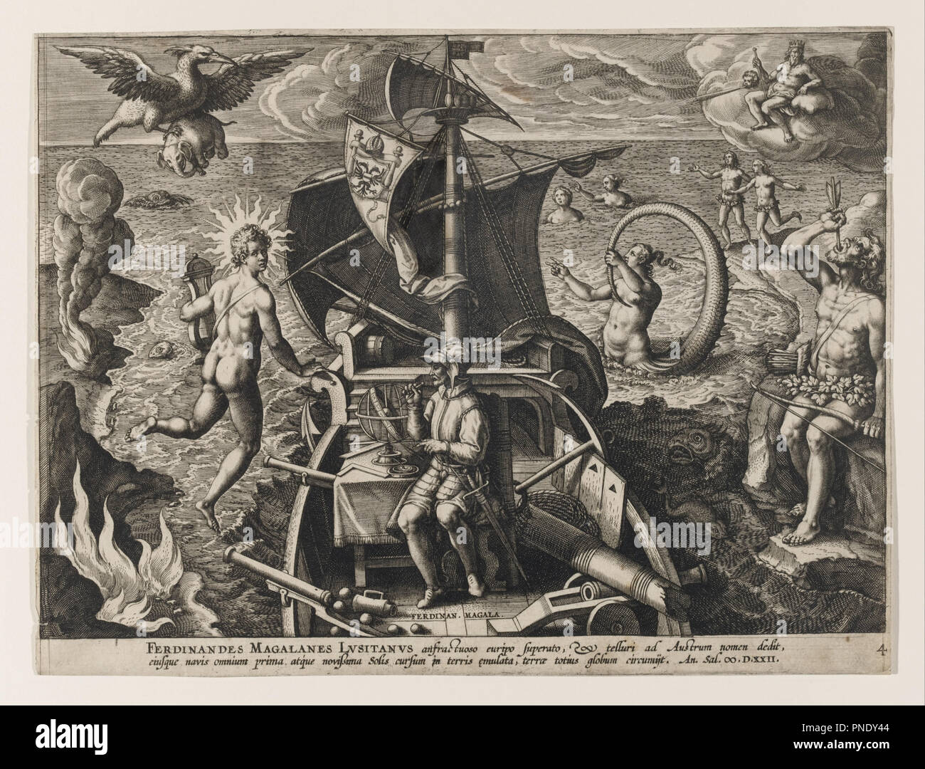 Ferdinandes Magalanes Lusitanus, piastra 4 da 'Americae retectio'. Data/Periodo: 1580s. Stampa. Incisione su bianco di cui la carta. Autore: Jan van der Straet, chiamato Stradanus. JAN STRADANUS (VAN DER STRAET). Galle, Philipp (Philips). Foto Stock