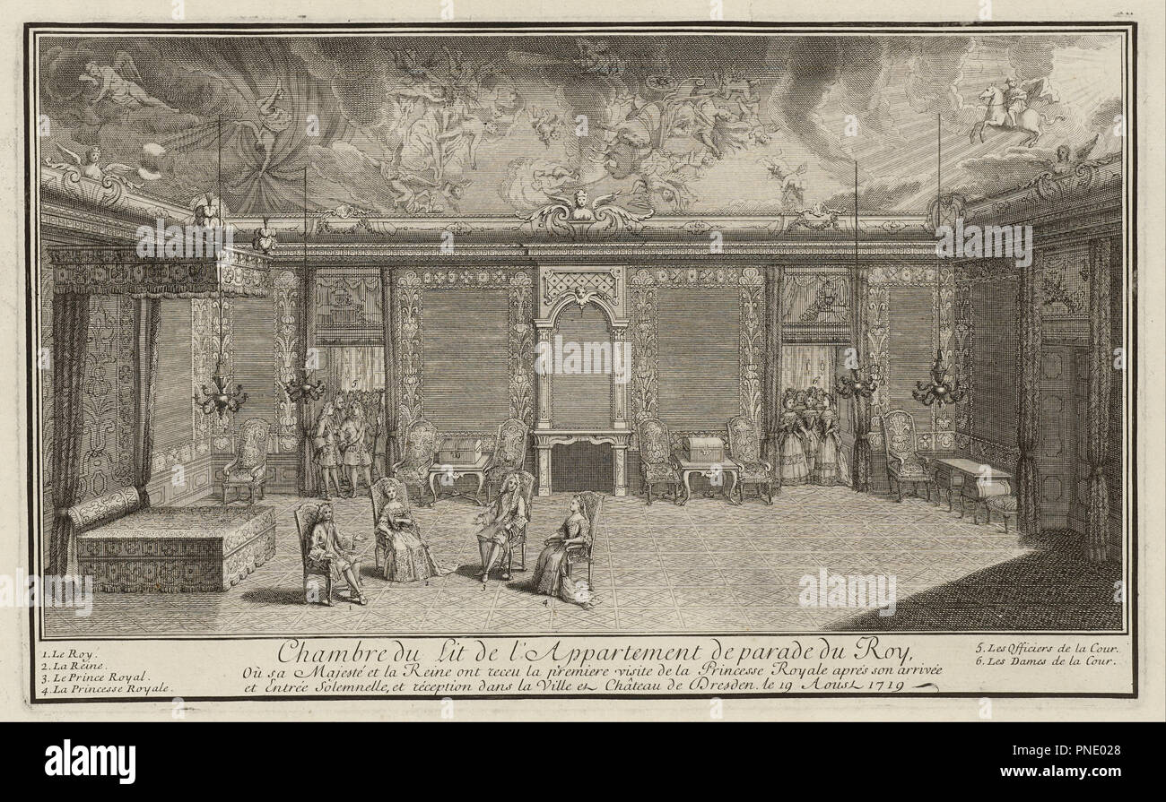 La camera da letto di stato durante la ricezione della sposa a Dresda Palace. Data/Periodo: B. 1728. Incisione su rame. Altezza: 226 mm (8,89 in); larghezza: 369 mm (14.52 in). Autore: Quirijn Fonbonne. Foto Stock