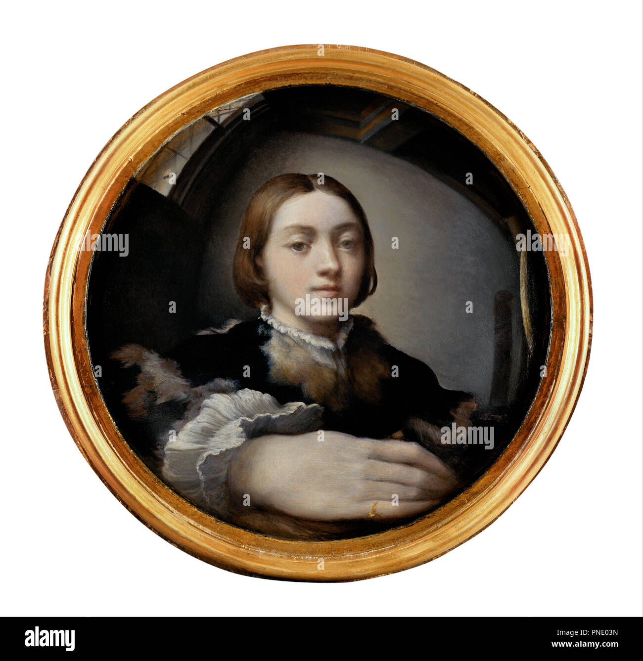 Self-portrait. Data/Periodo: dal 1523 fino al 1524. La pittura. Olio su pannello. Diametro: 24,4 cm (9,6 in). Autore: Parmigianino. Foto Stock