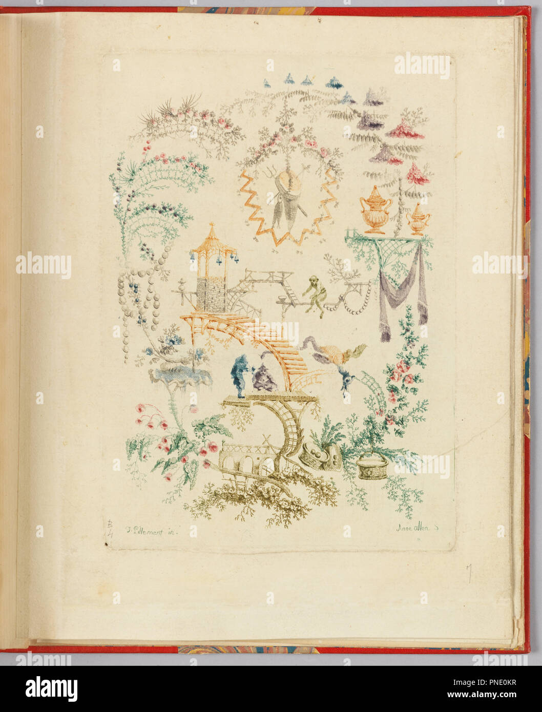 Disegno ornamentale da "Nouvelle suite de cahiers chinois a l'usage des Dessinateurs et des peintres"', No.2, Inventes et dessines par Jean Pillement. Graves par Anne Allen. Data/Periodo: dopo il 1775. Stampa. Attacco con inchiostri colorati à la poupé on off-bianco di cui la carta. Autore: Jean-Baptiste Pillement. Foto Stock