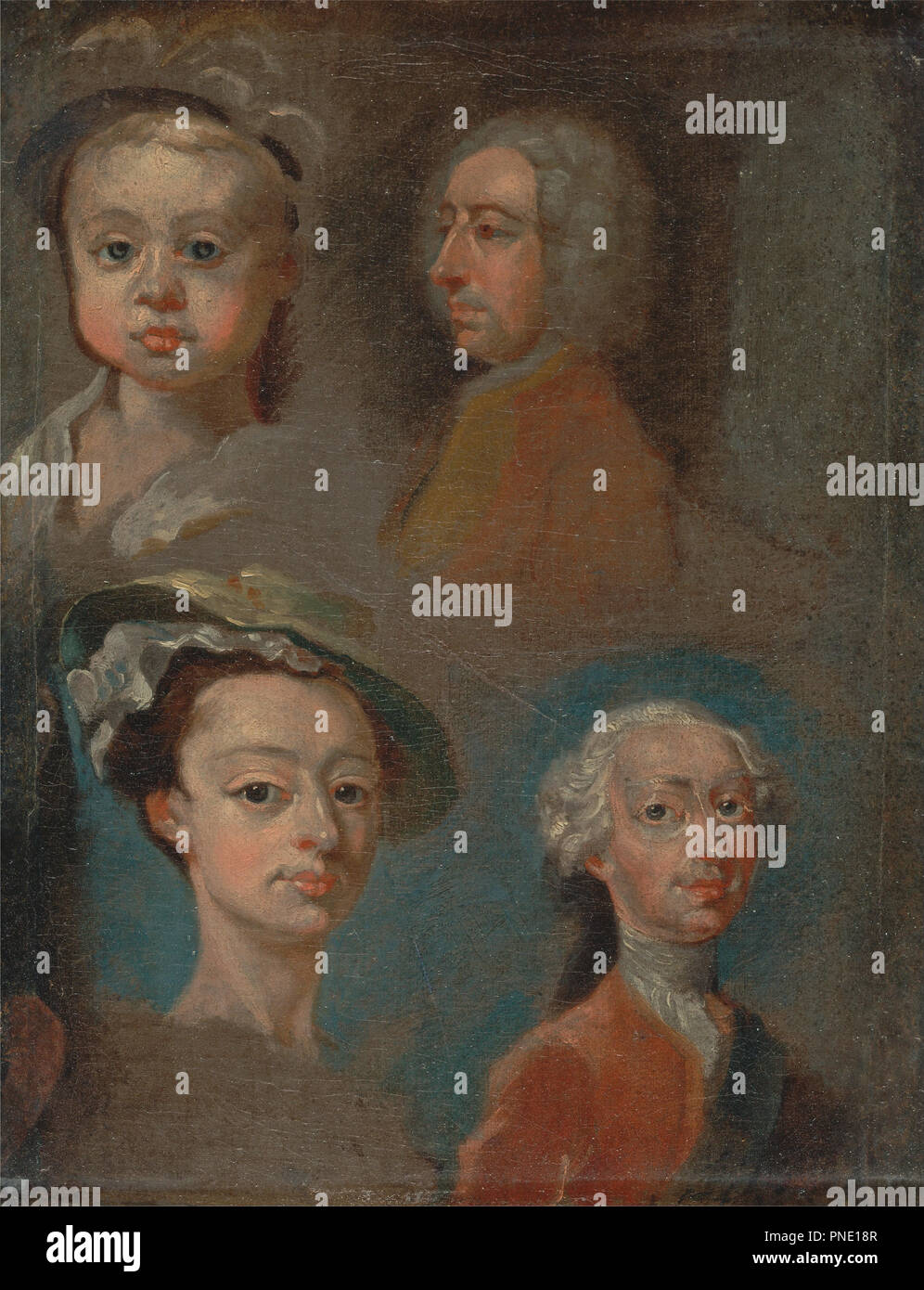 Studi di teste. Data/Periodo: ca. 1733. La pittura. Olio su tela. Altezza: 197 mm (7,75 in); larghezza: 152 mm (5,98 in). Autore: William Hogarth. Foto Stock