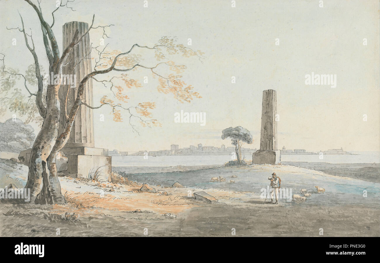 Resti del Tempio di Giove Olypian con una vista di Ortigia, Siracusa. La pittura. Acquerello. Altezza: 318 mm (12.51 in); larghezza: 505 mm (19,88 in). Autore: Henry Tresham. Foto Stock