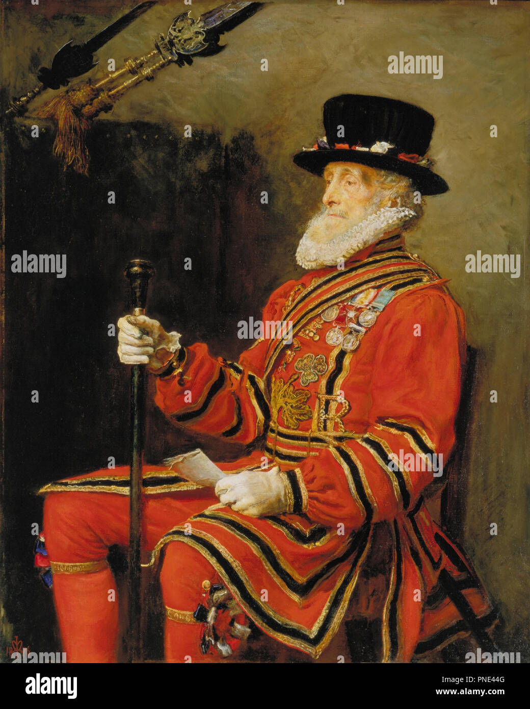 La Yeoman della Guardia. Data/Periodo: 1876. La pittura. Olio su tela. Altezza: 139,7 cm (55 in); larghezza: 111.8 cm (44 in). Autore: John Everett Millais. MILLAIS, Sir John Everett. Foto Stock