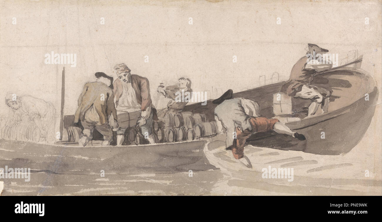 Gli uomini il caricamento di una barca con barili. La pittura. Acquerello. Altezza: 140 mm (5.51 in); larghezza: 270 mm (punto 10.62). Autore: Samuel Scott. Foto Stock