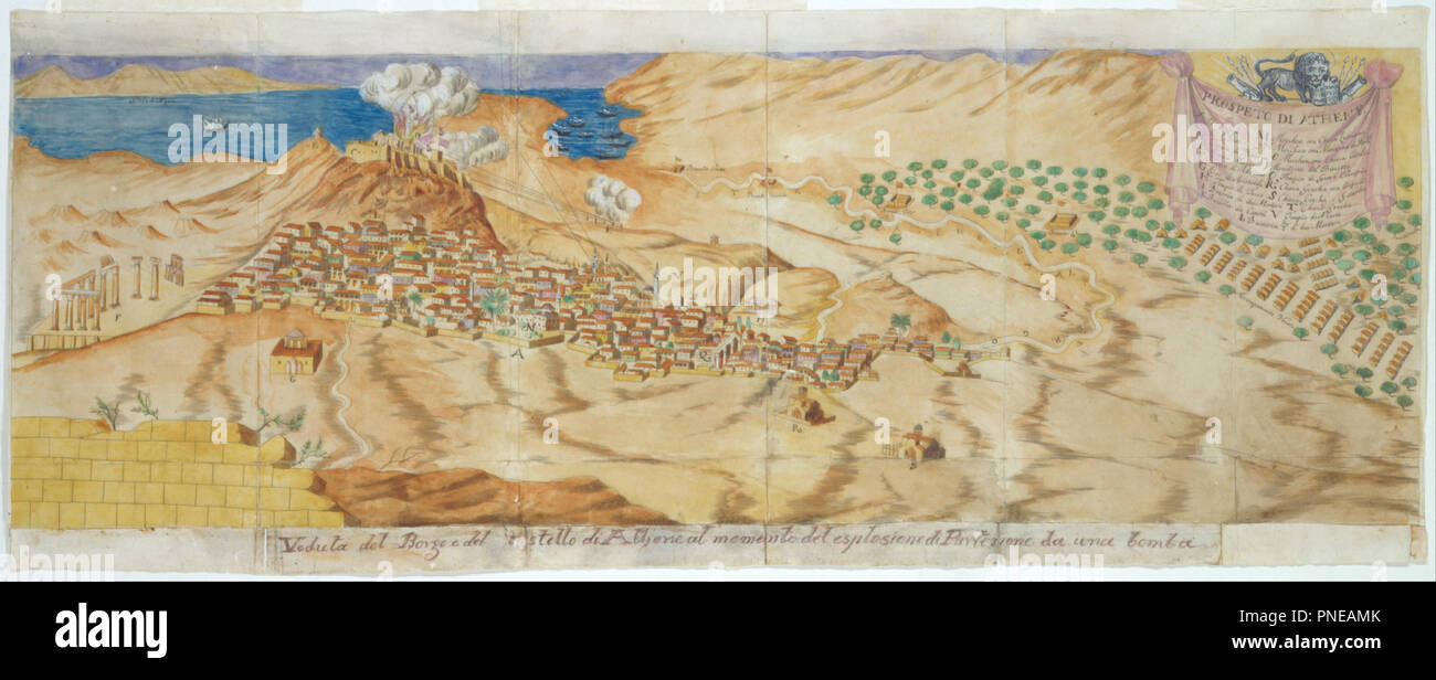 Il bombardamento del Partenone il 26 settembre 1687. Data/Periodo: del xvii secolo. La pittura. Acquerello. Altezza: 250 mm (9,84 in); larghezza: 720 mm (28,34 in). Autore: Verneda Giacomo Milheau. Foto Stock