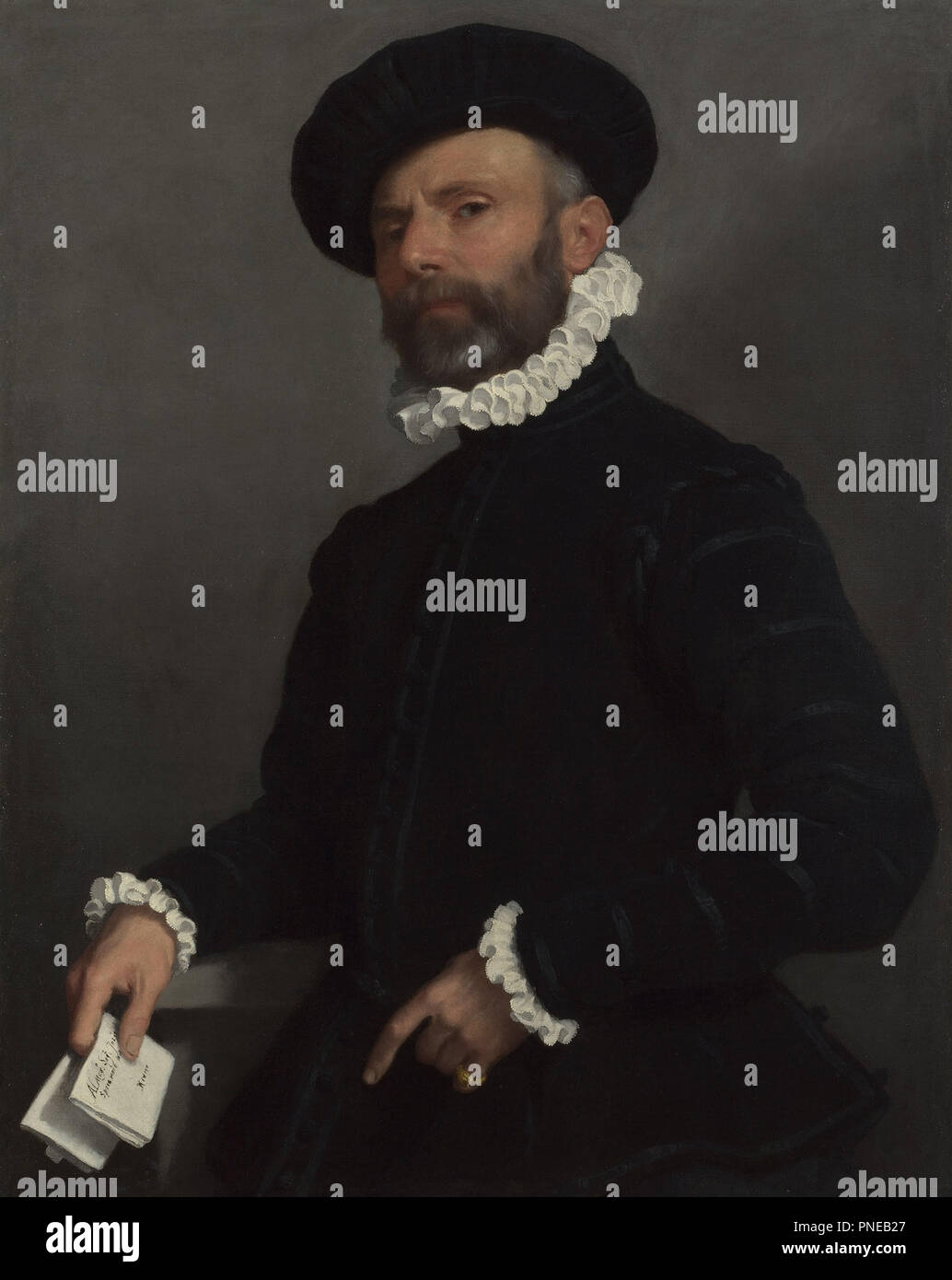 Ritratto di un uomo in possesso di una lettera ('L'Avvocato'). La pittura. Olio su tela. Altezza: 89 cm (35 in); Larghezza: 72,5 cm (28,5 in). Autore: Giovanni Battista Moroni. Moroni, Giovan Battista. Foto Stock
