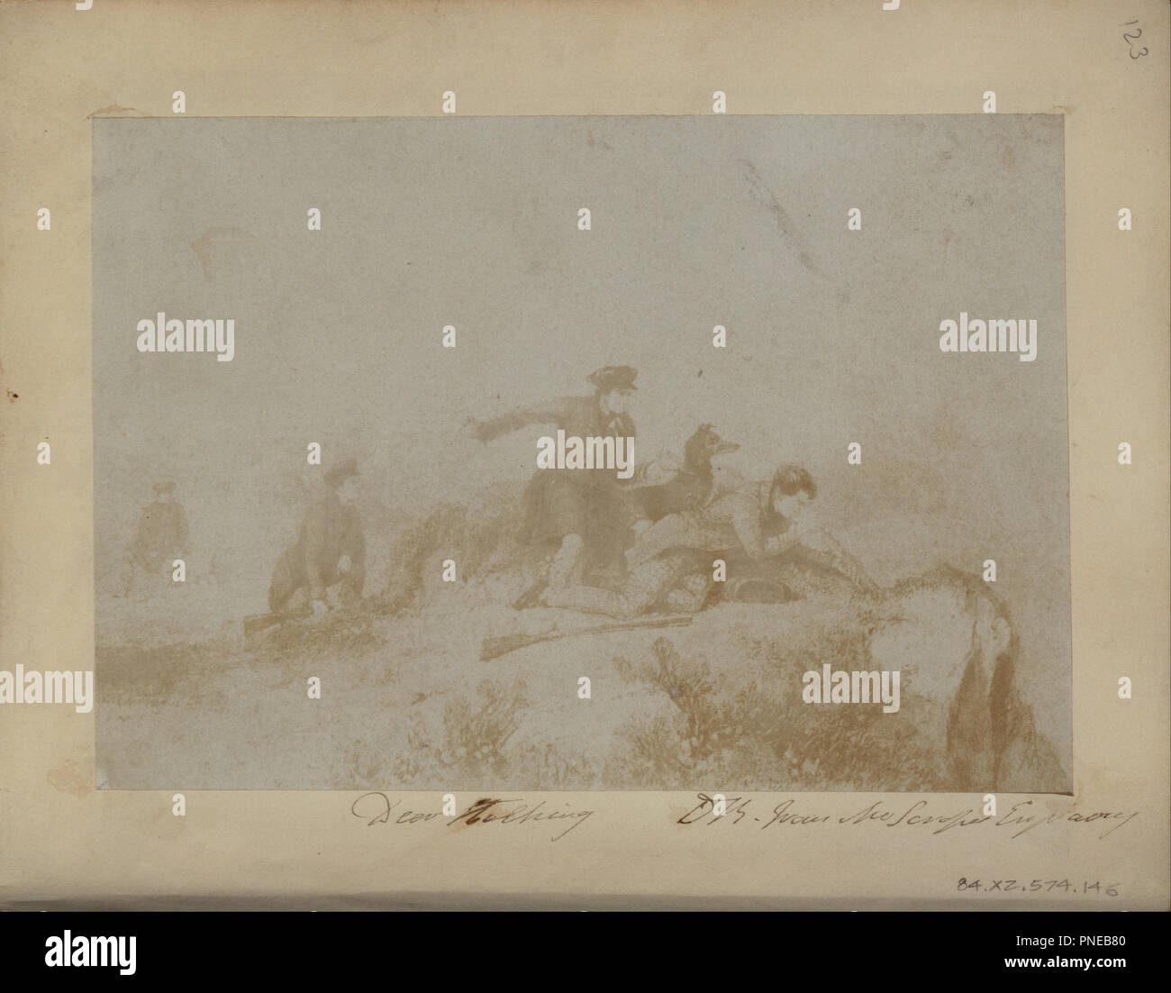 "Eer stalking,' da una incisione. Data/Periodo: 1840s. Stampa. Sale, a partire da un negativo calotype. Altezza: 130 mm (5.11 in); larghezza: 187 mm (7,36 in). Autore: Brewster, David. Foto Stock