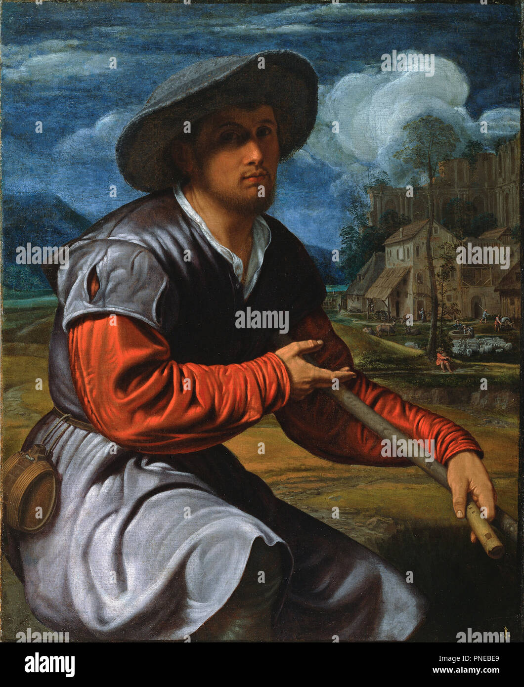 Pastore con un flauto. Data/Periodo: ca. 1525. La pittura. Olio su tela. Altezza: 970 mm (38.18 in); larghezza: 779 mm (30.66 in). Autore: SAVOLDO, Giovanni Girolamo. Foto Stock