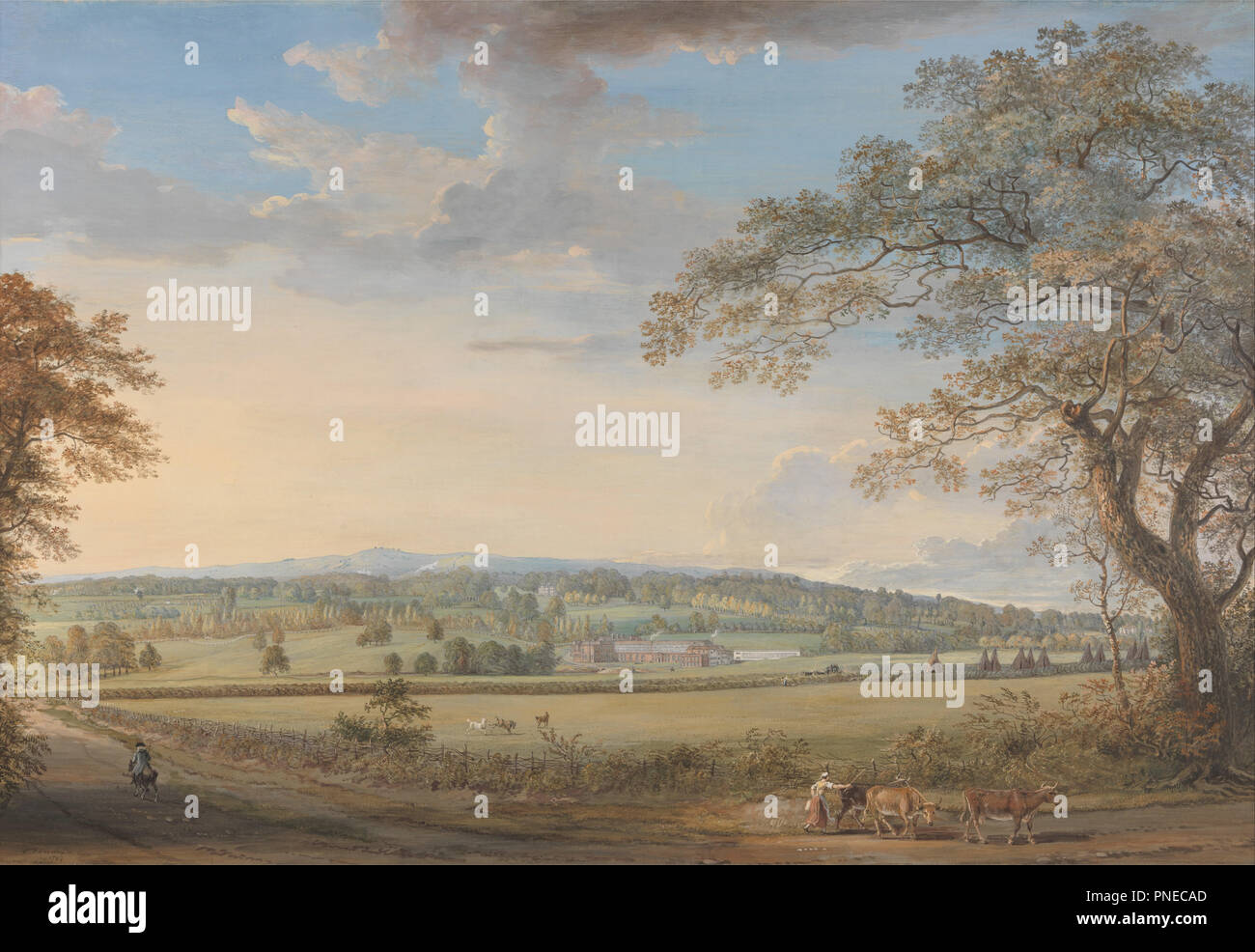 Una vista di Vinters a Boxley, Kent, con il Sig. Whatman la Turchia Cartiere. Data/Periodo: 1794. La pittura. Gouache, acquerello e grafite su carta da filtro Whatman fatti a mano carta intessuta stabilite su tela su una barella in legno. Altezza: 851 mm (33,50 in); larghezza: 1,181 mm (46.49 in). Autore: Paul Sandby. Foto Stock