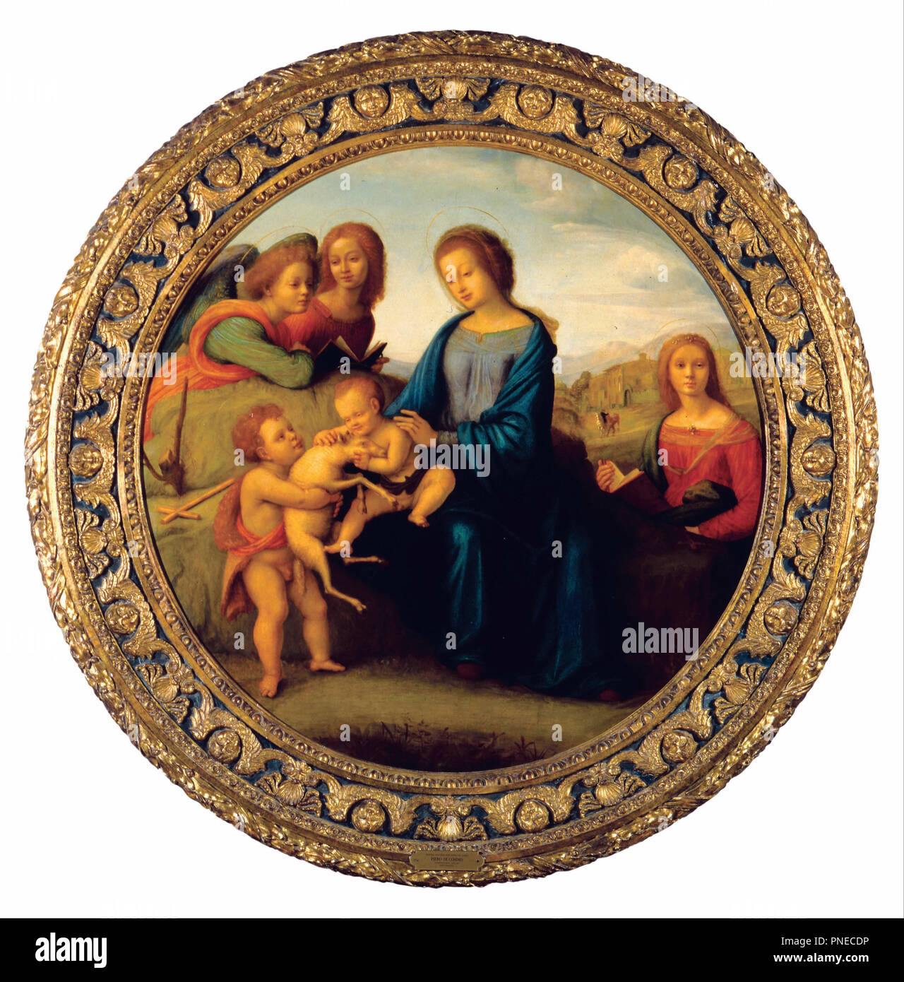 Madonna con Bambino e Santi e Angeli. Data/Periodo: 1520. La pittura. Olio su pannello. Diametro: 135 cm (53,1 in). Autore: Piero di Cosimo. Foto Stock